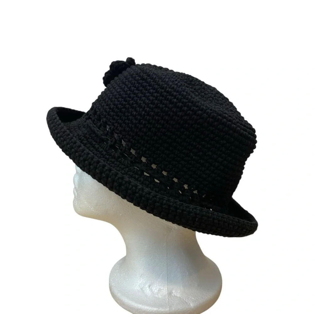 Rico International Women size Small Black Crochet Knit Hat Flower Bead Detail